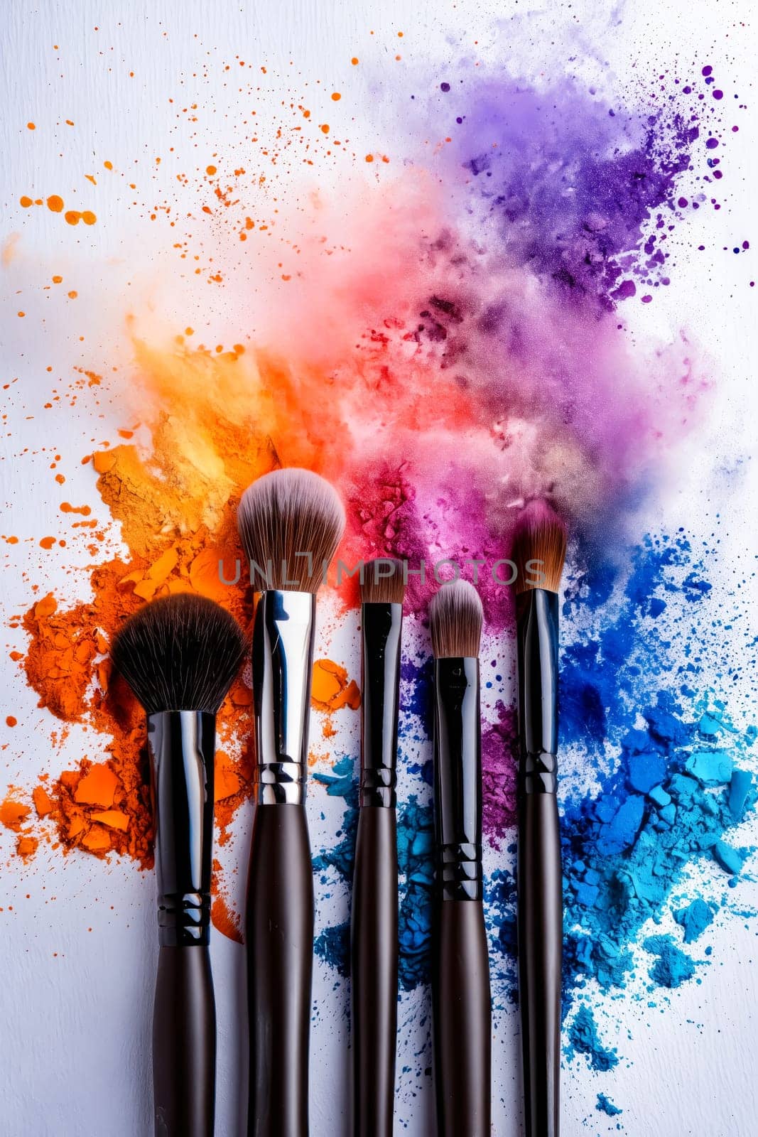 Makeup brushes with colorful powder on white background. Generative AI.