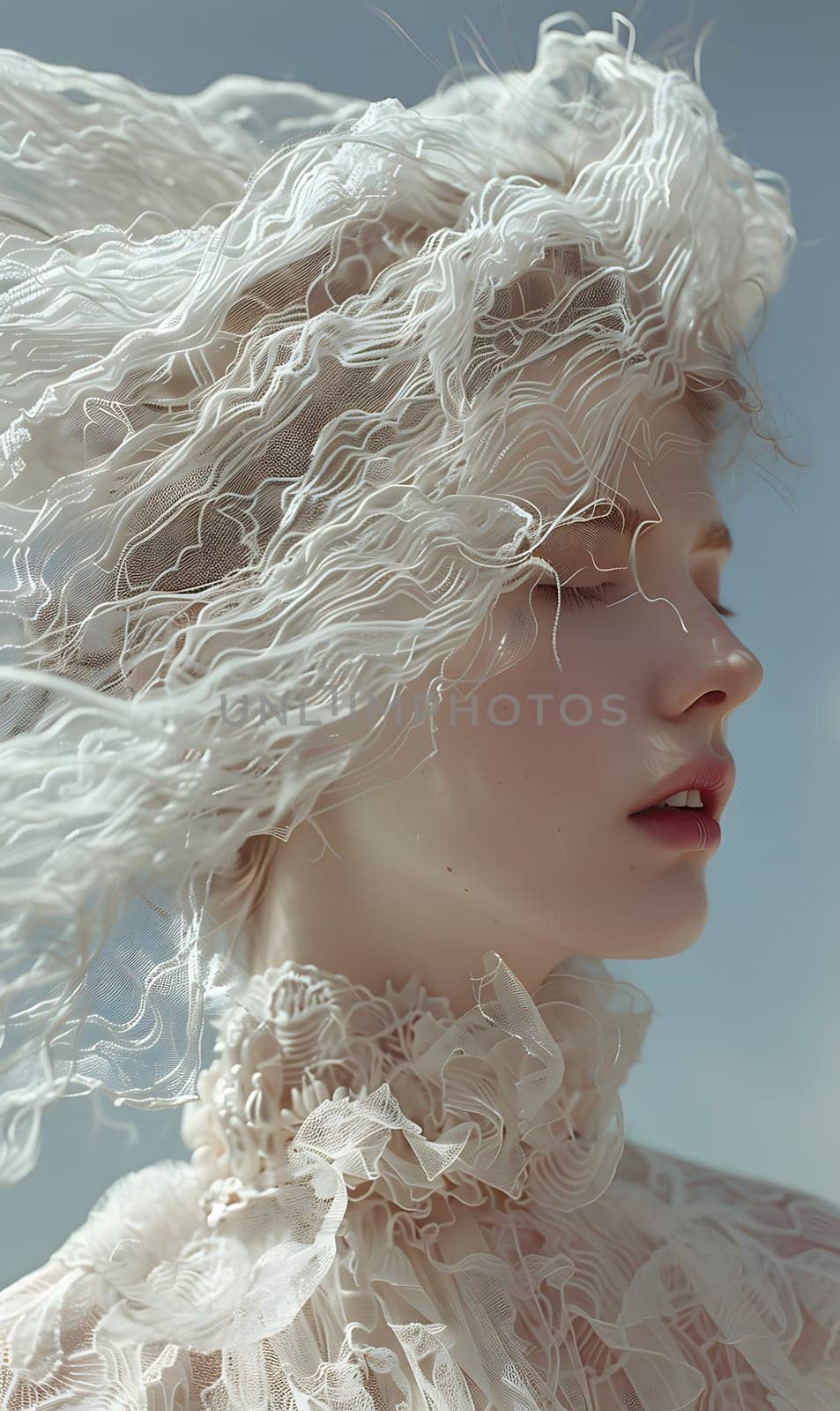 A closeup shot capturing a womans face with white hair blowing in the wind, showcasing a beautiful fur hat as a fashion accessory
