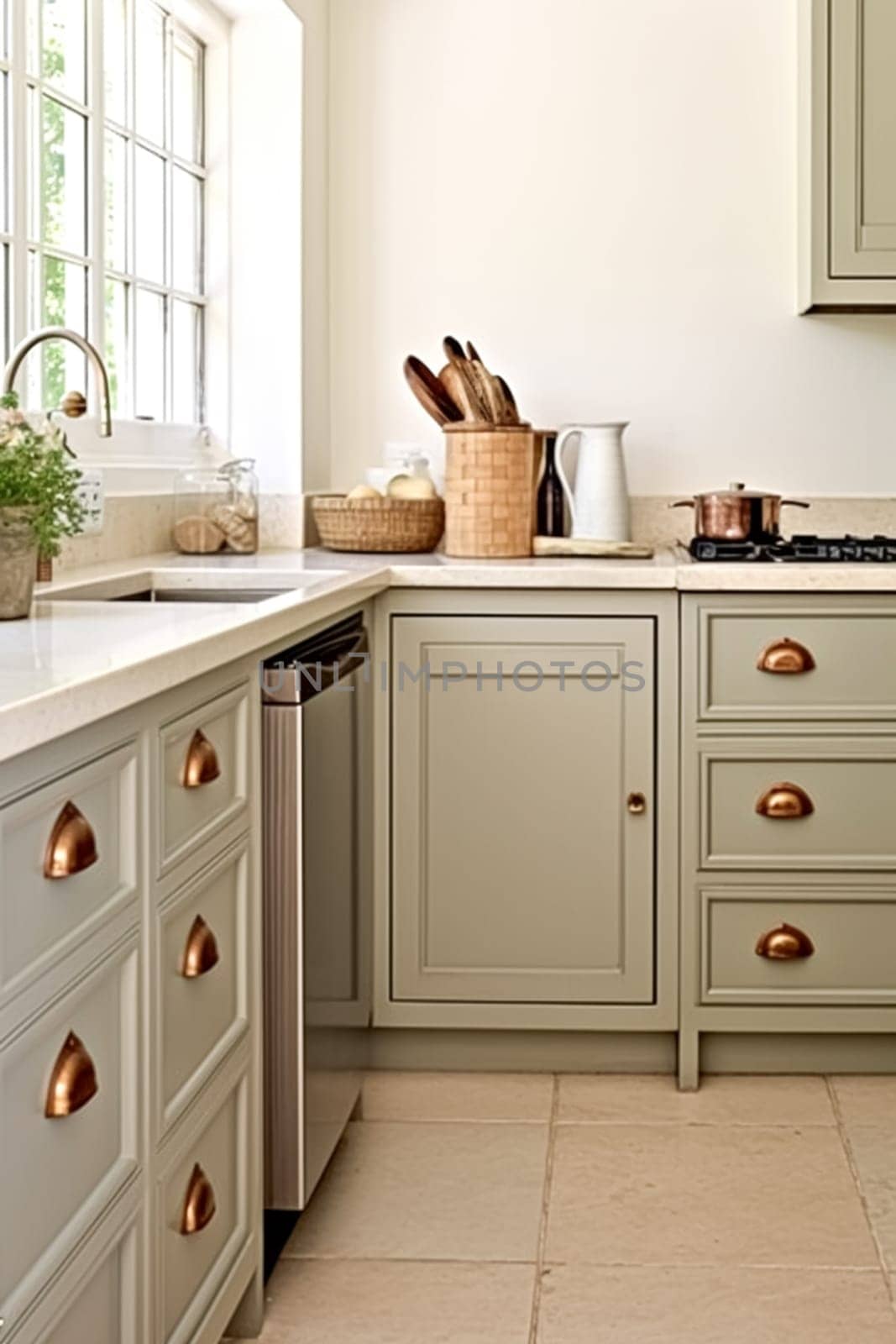 Cream white cottage kitchen decor, interior design and house improvement, English in frame kitchen cabinets in a countryside house, elegant country style motif