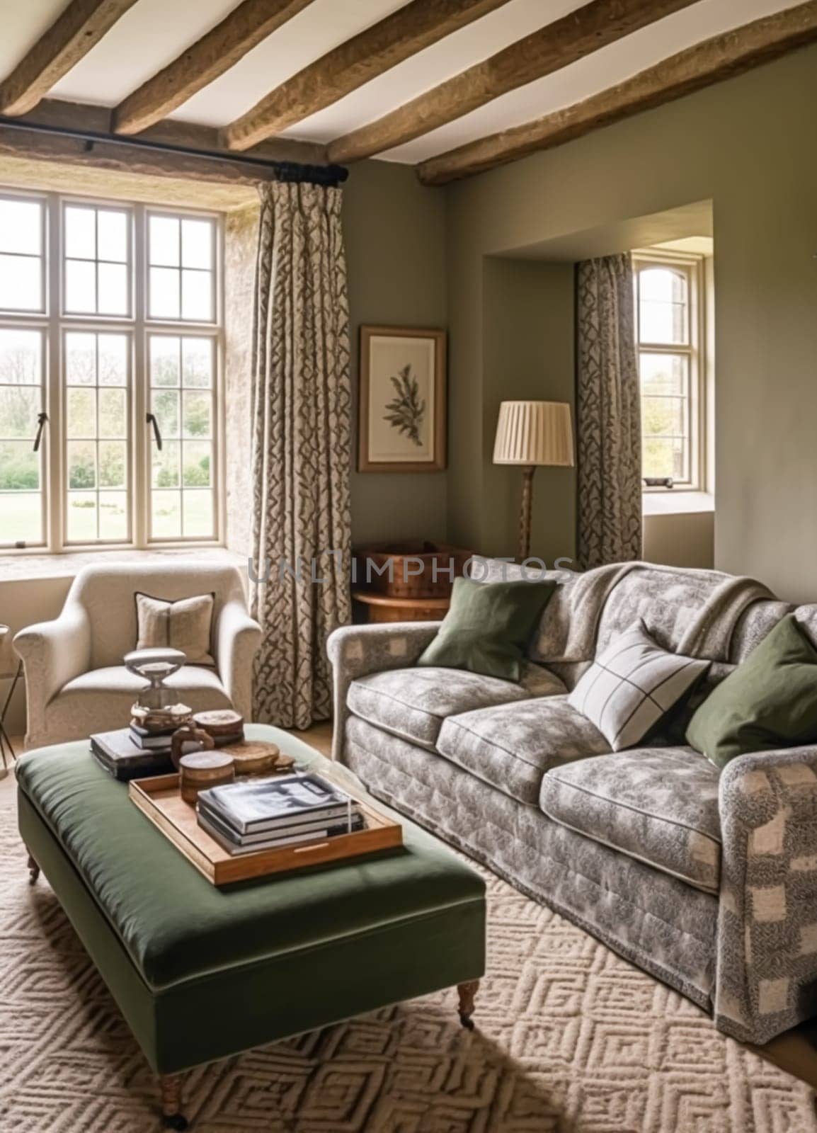 Country cottage lounge decor, sitting room and Cotswolds style interior design, living room furniture, sofa and home decor in elegant English country house style, post-processed, generative ai