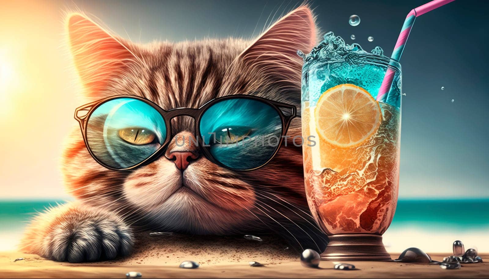 Cat on the beach with a cocktail. Generative AI,