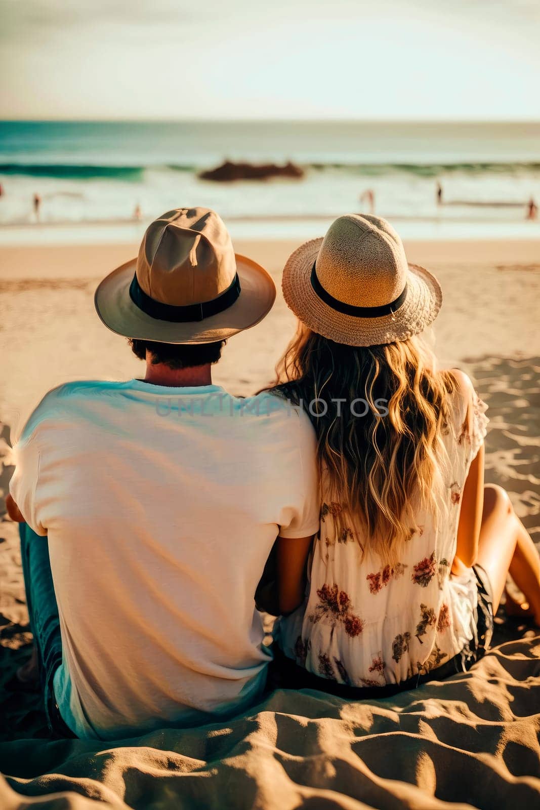 man and woman are sitting on the beach overlooking the sea. by yanadjana