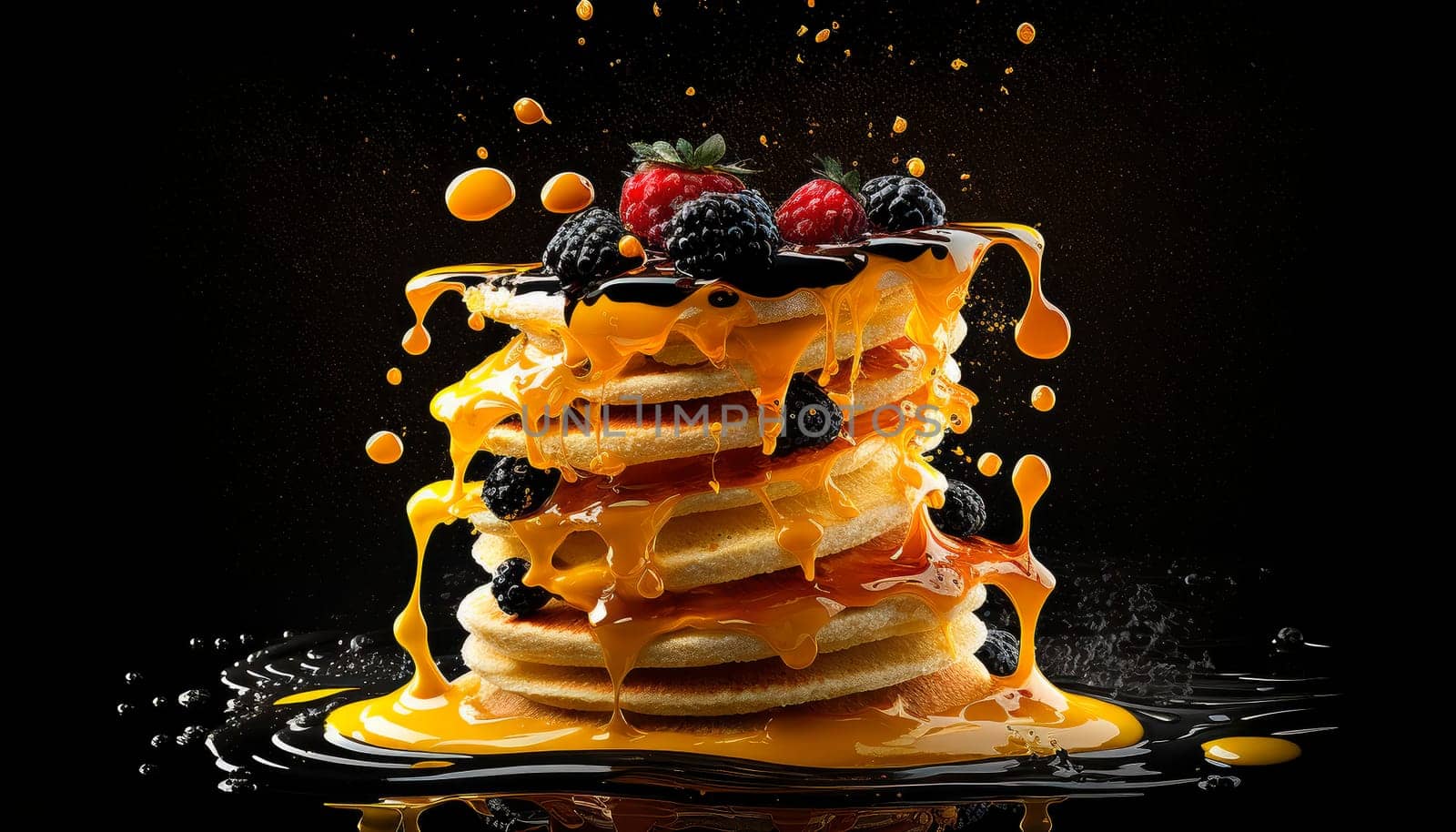 pile of pancakes with honey and berries on a black background. by yanadjana