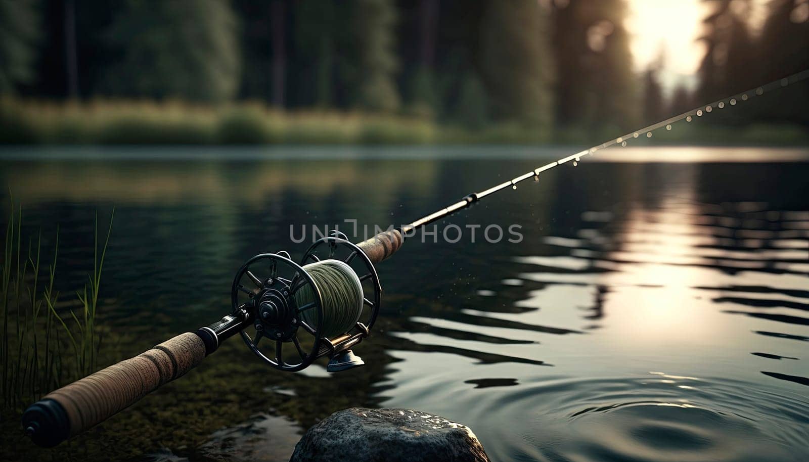 fishing rod reel on the background of the lake. Generative AI.