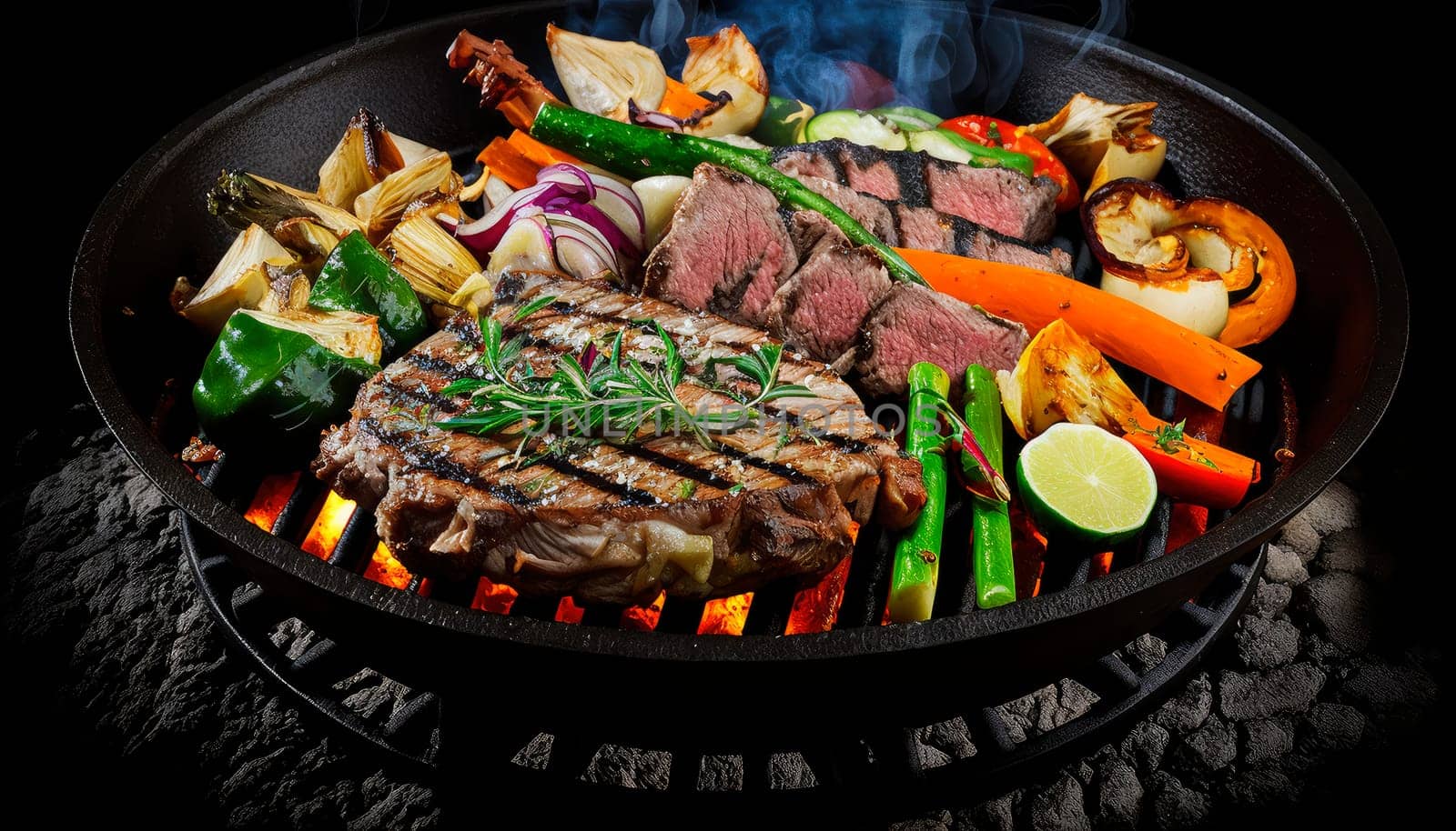 steak with vegetables is fried on coals on a black background. Generative AI,