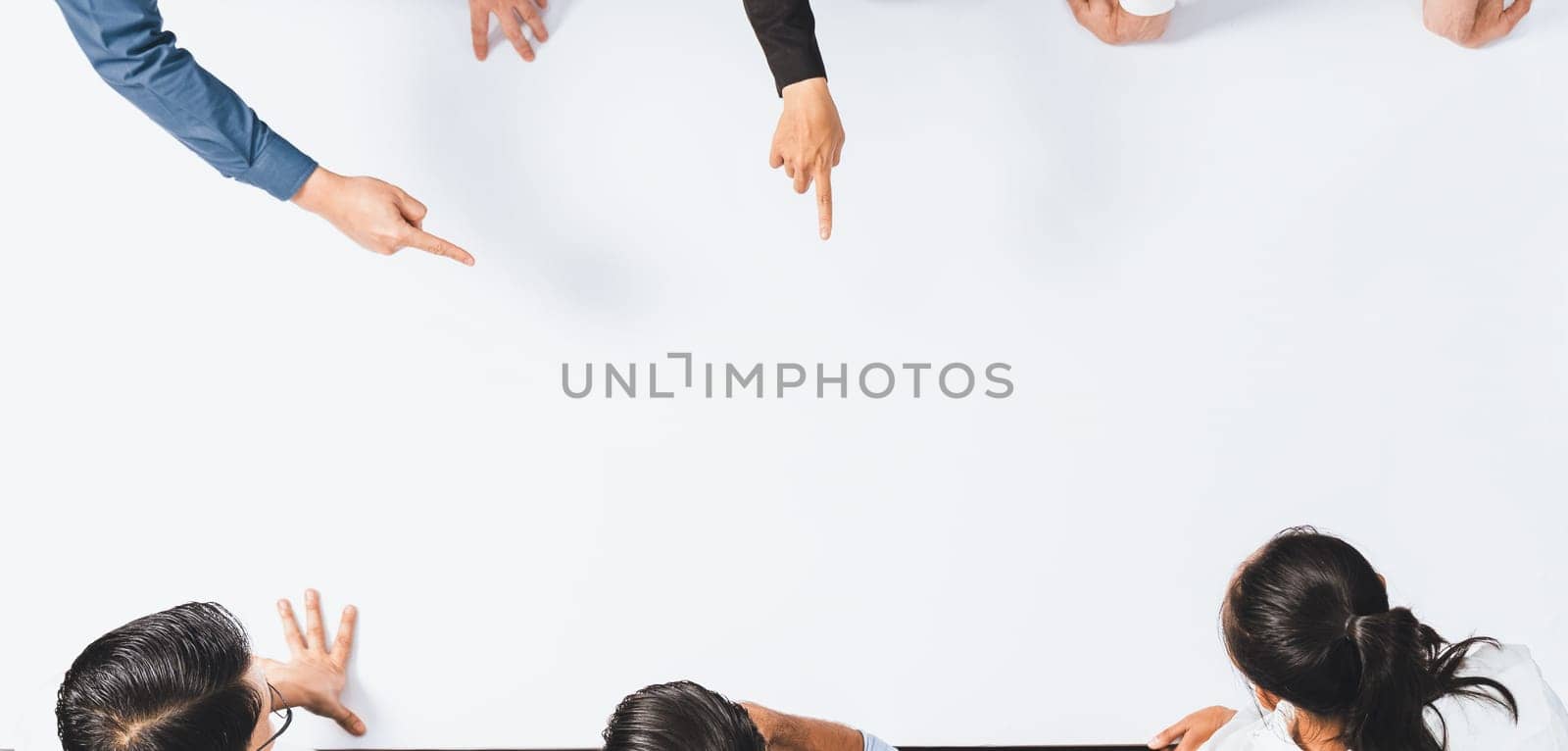 Panorama banner top view of office worker and businesspeople on meeting table pointing to empty space with editable blank background for customer design. Business working and meeting copyspace.Prudent
