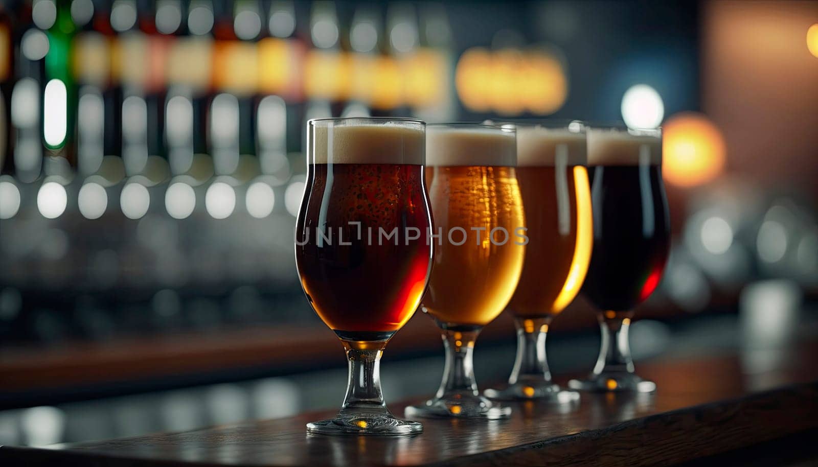 Draft beer in glasses on the bar in a row, the background of the bar is blurred. by yanadjana