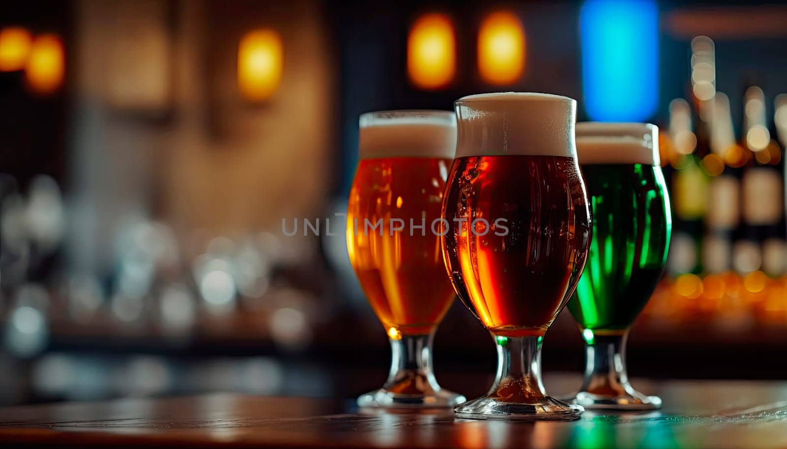 Draft beer in glasses on the bar in a row, the background of the bar is blurred. by yanadjana