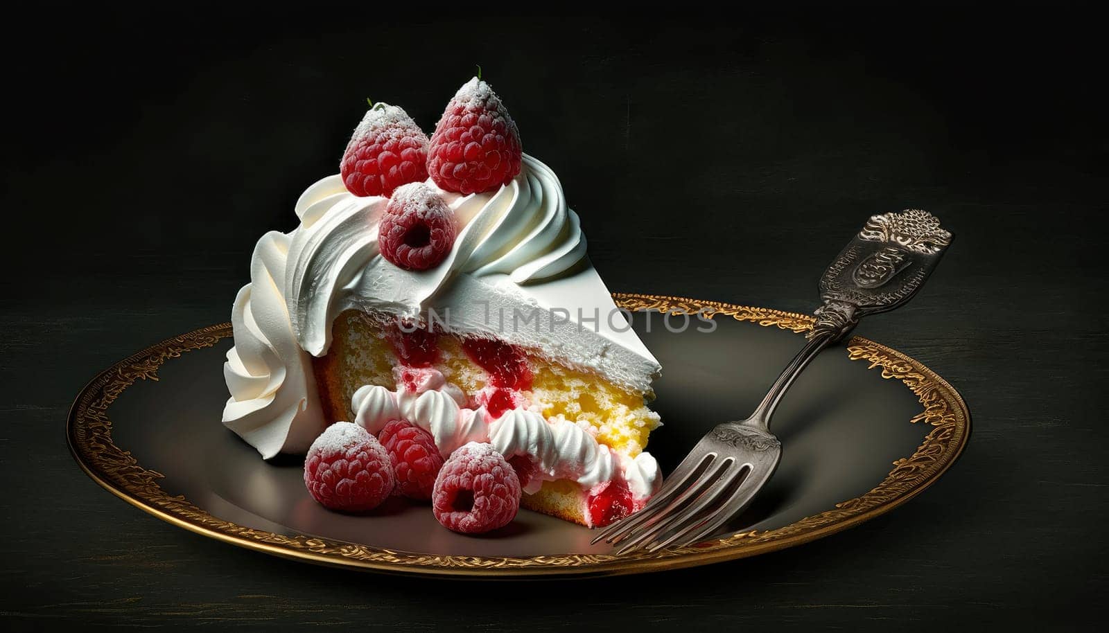 a piece of cake with whipped cream and raspberries on a plate on a dark background. by yanadjana