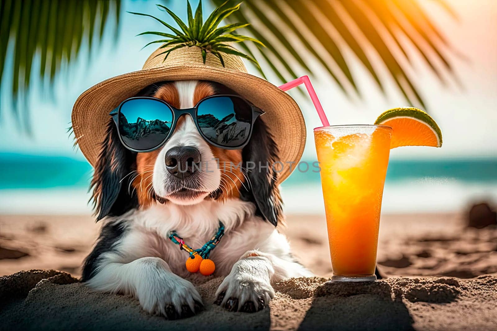 Dog on the beach with a cocktail. Generative AI,