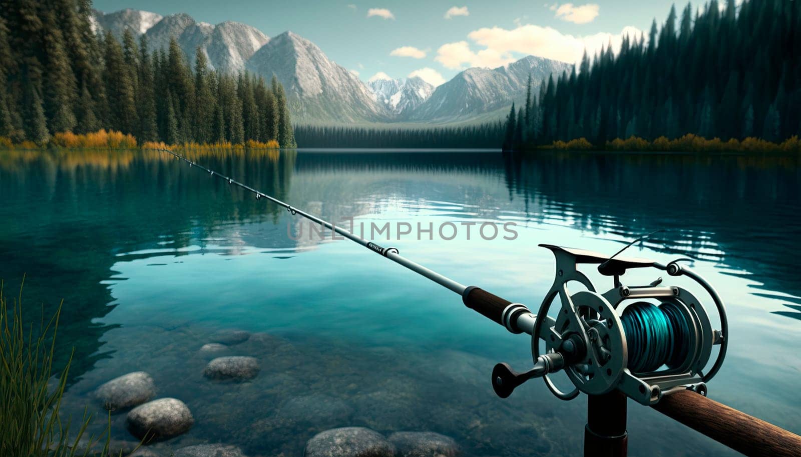 fishing rod reel on the background of the lake. by yanadjana