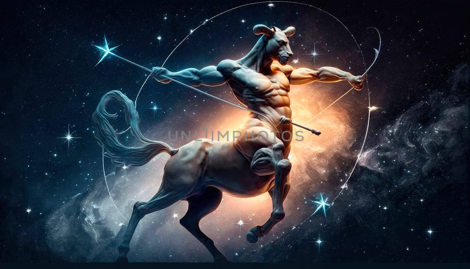 Sagittarius zodiac sign on space background. Generative AI,