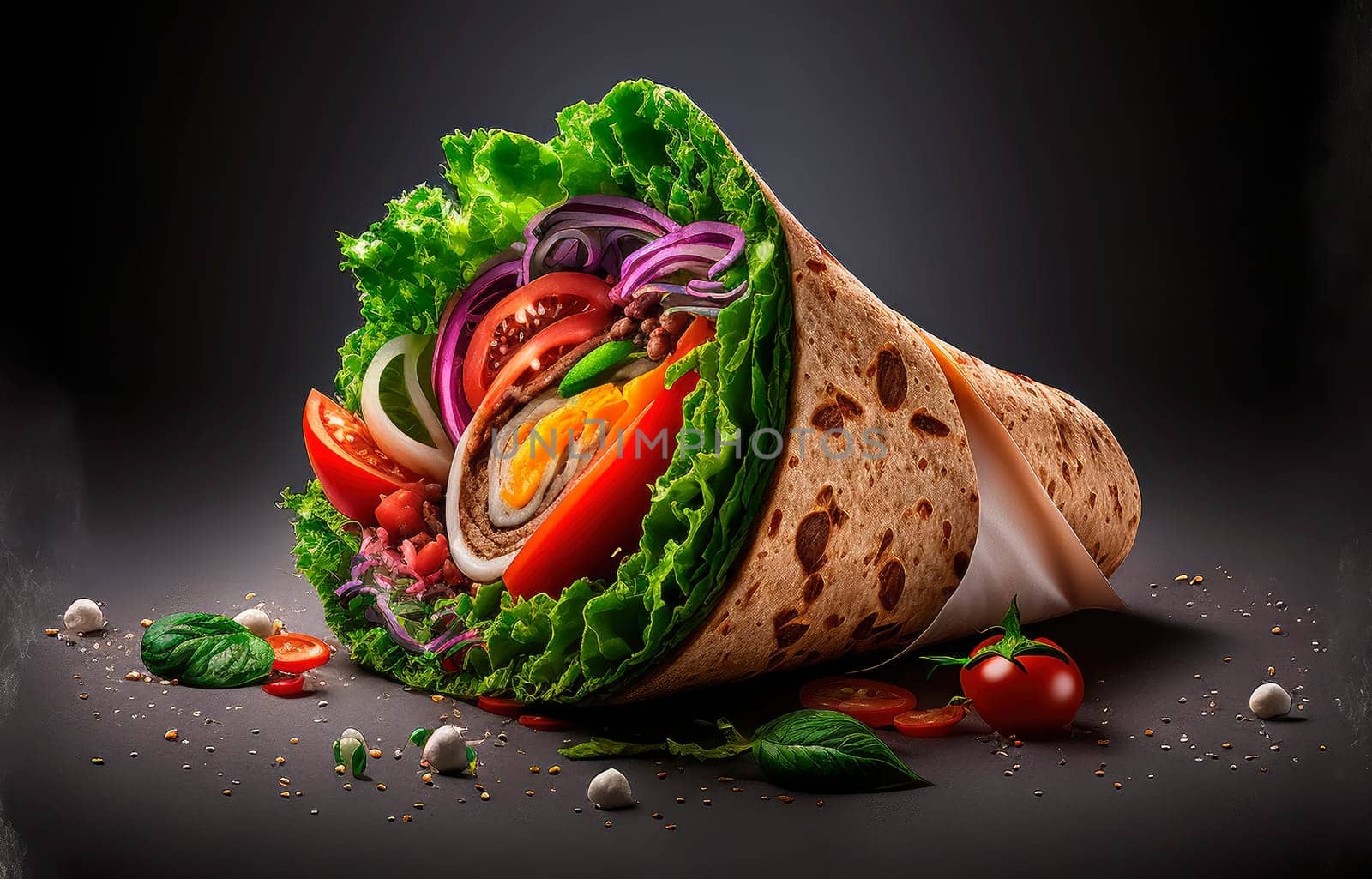 kebab wrap, product studio photo, dark black background, fresh salad tomato onion, by yanadjana