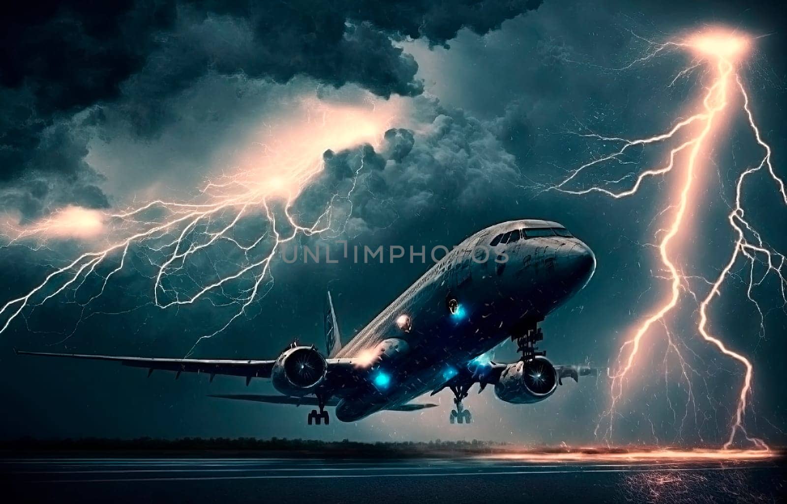 Airplane flies in the sky in bad weather thunderstorm lightning. Generative AI,