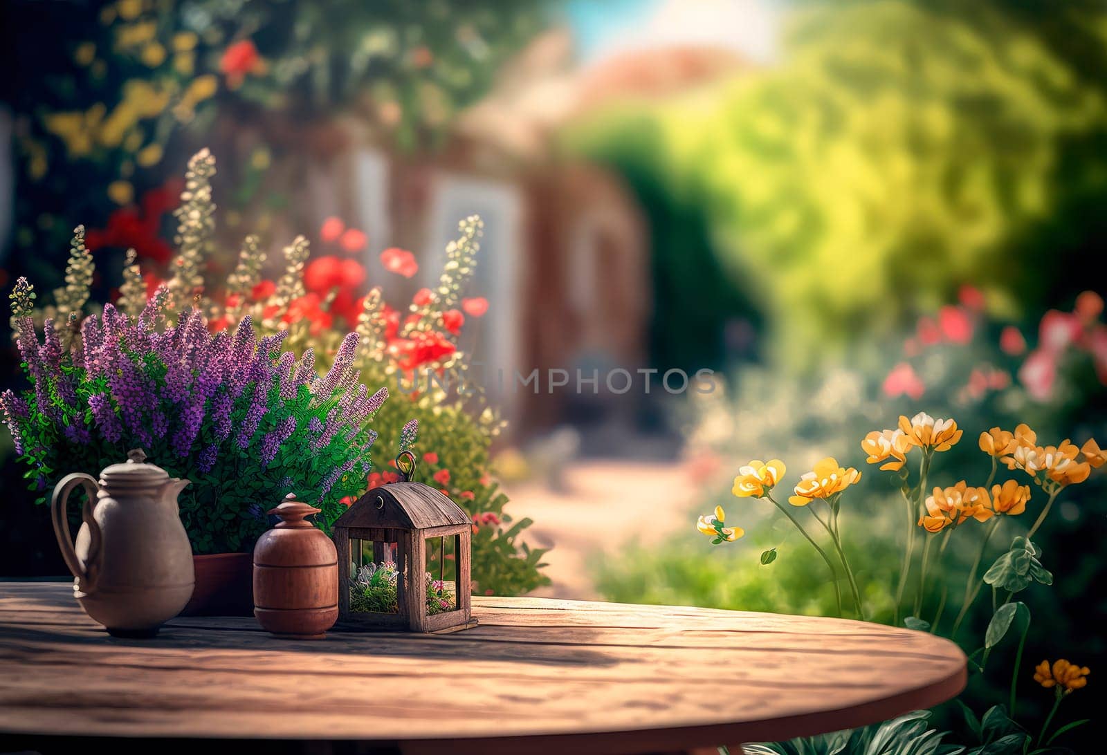 Wooden table place for an object in the garden with flowers. by yanadjana
