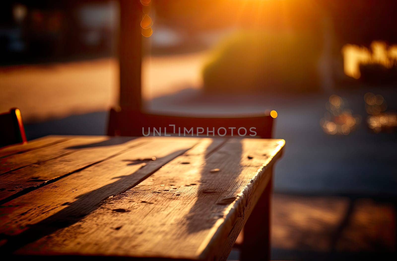 a wooden table in the foreground and a beam of light. by yanadjana