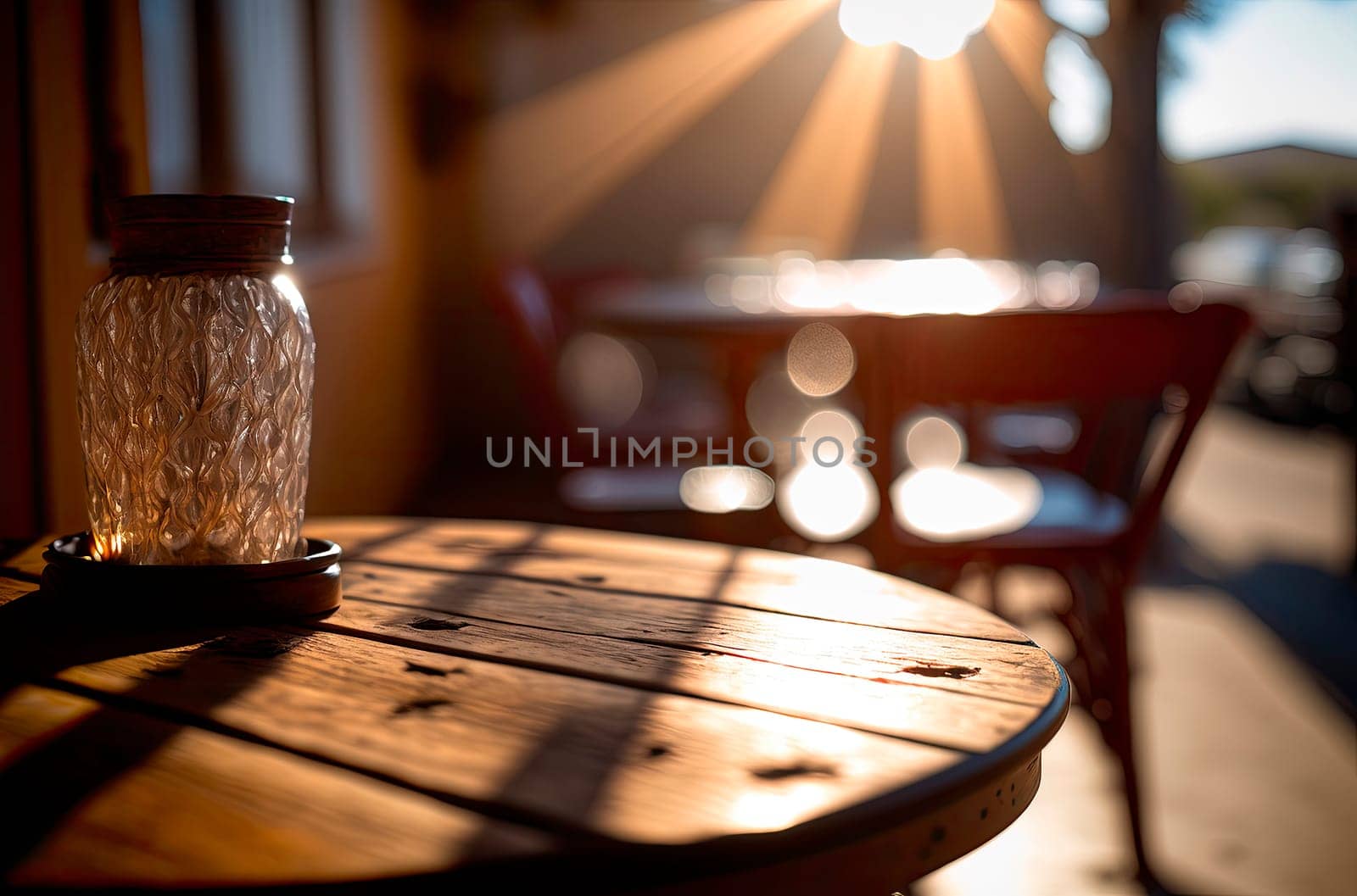a wooden table in the foreground and a beam of light. by yanadjana