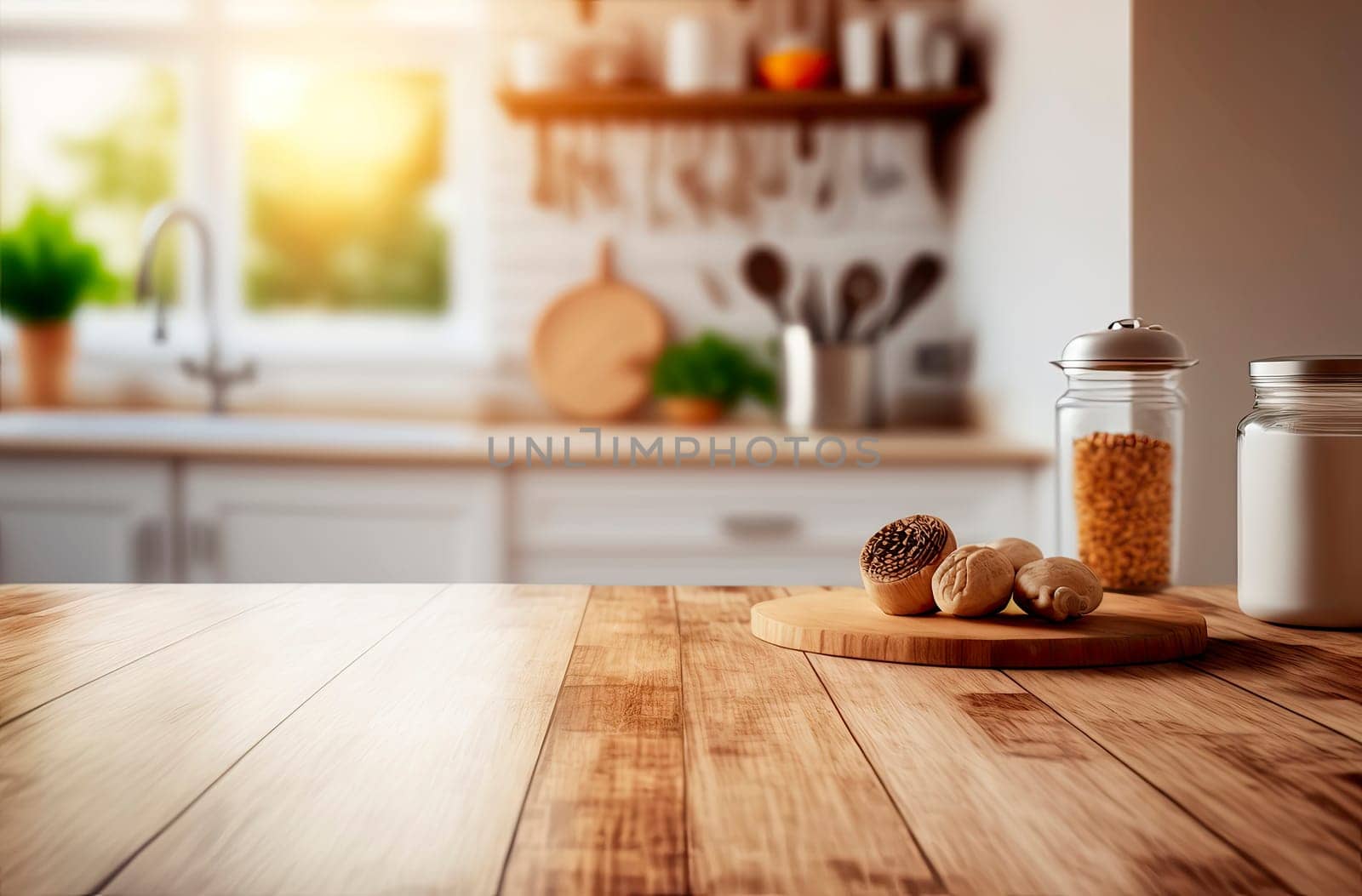 Wooden table foreground and blurred kitchen background. by yanadjana