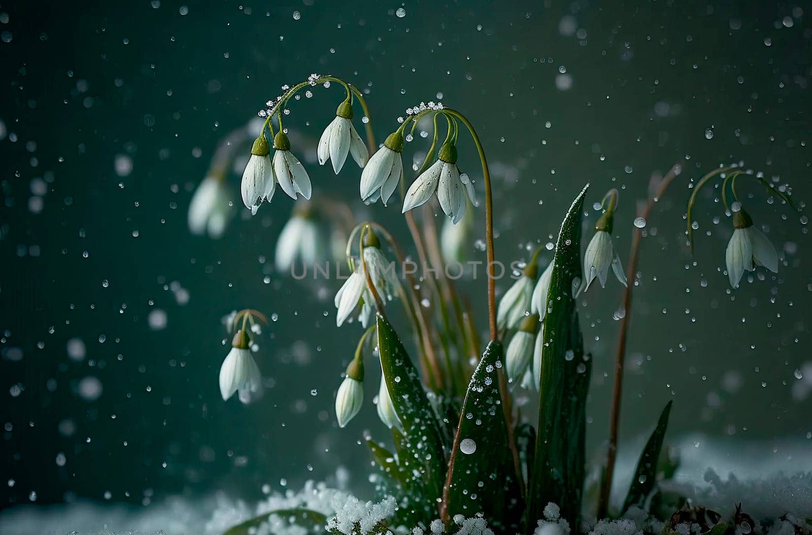 Snowdrop flowers under the snow spring. Generative AI,