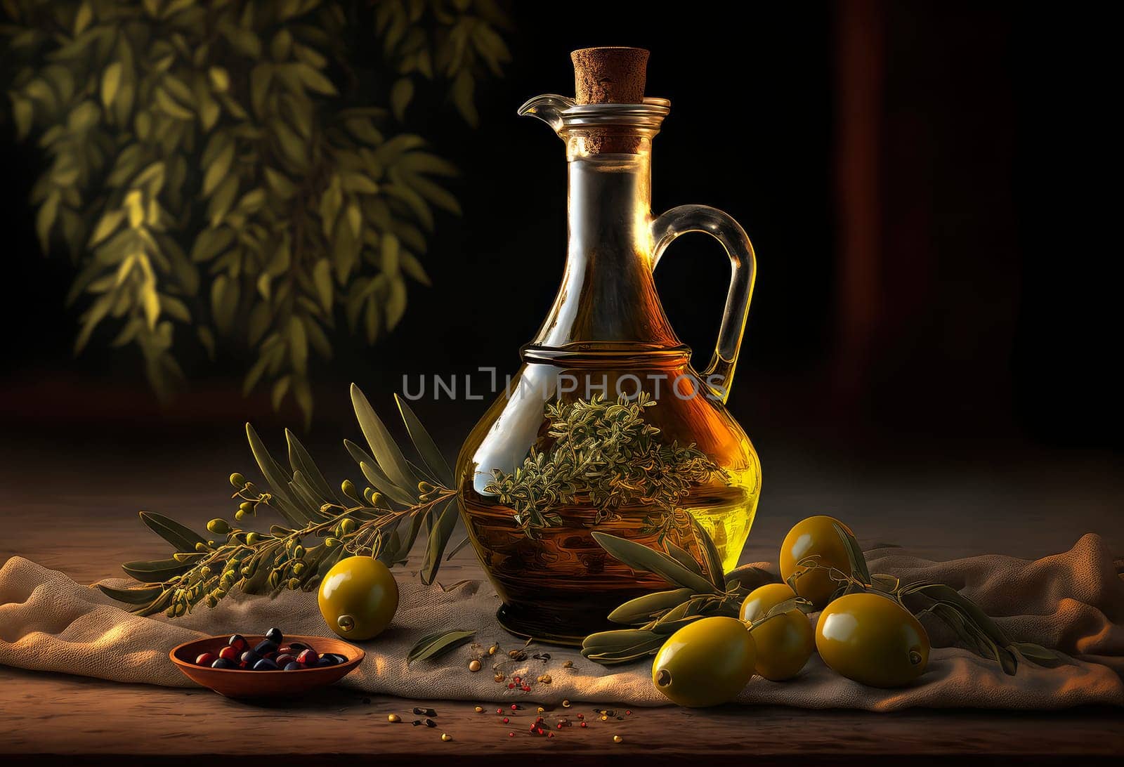 Olive oil on the table. Generative AI,