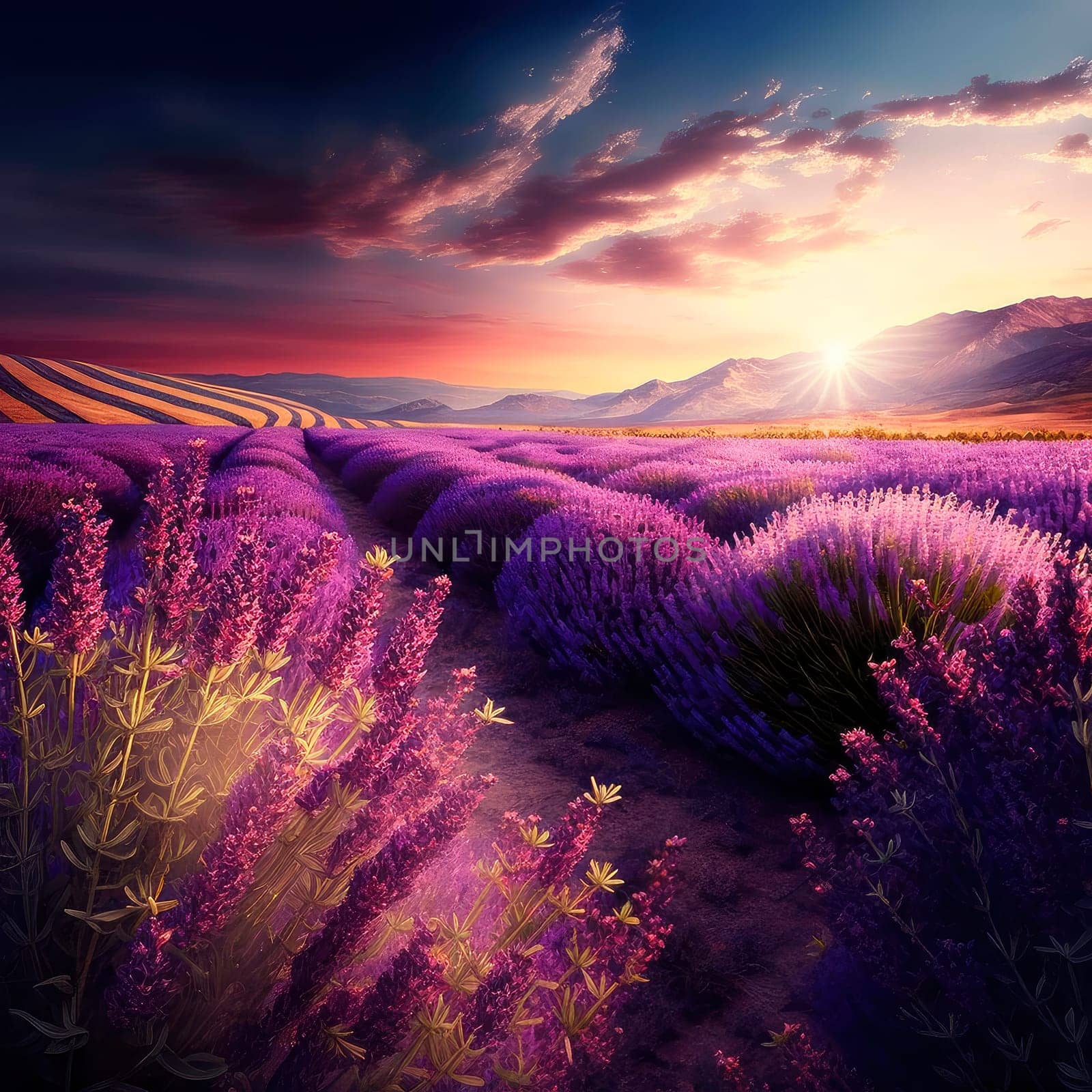 Lavender field sunrise. Generative AI,