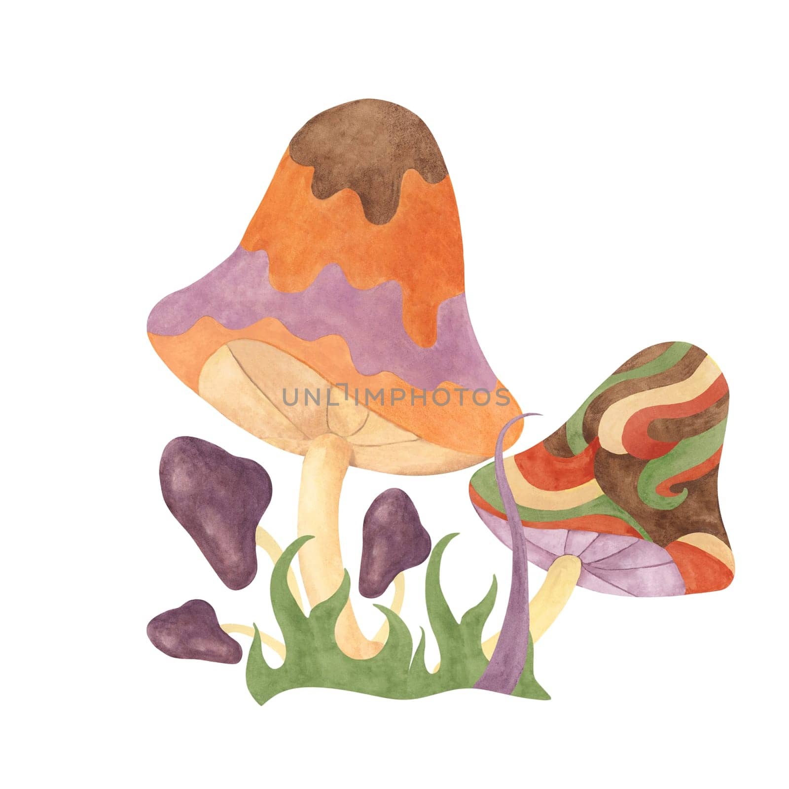 Retro hippie mushrooms and grass in 70s style. Hippie psychedelic groovy fungus cliparts. Watercolor groovy illustration for printing cartoon style by Fofito