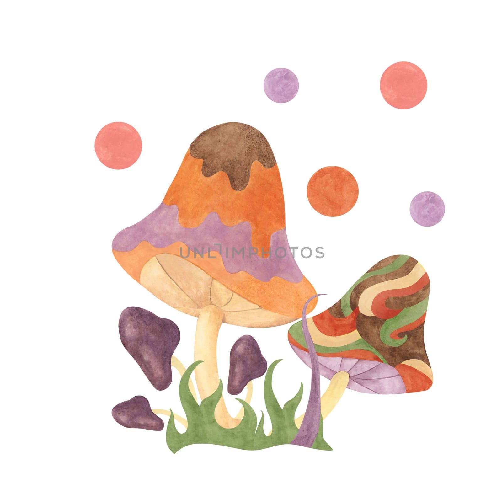 Retro hippie mushrooms and grass in 70s style. Hippie psychedelic groovy fungus cliparts. Watercolor groovy illustration for printing cartoon style by Fofito