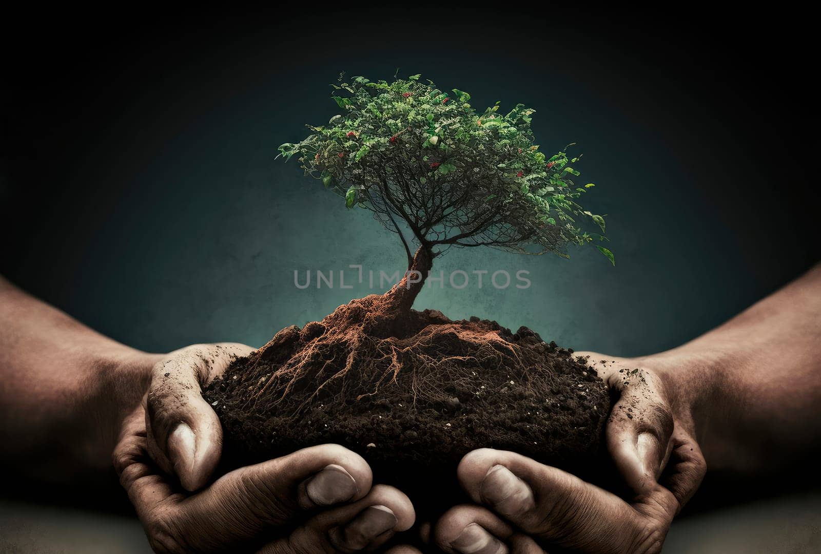 Tree in the hands of a man with earth. Generative AI,