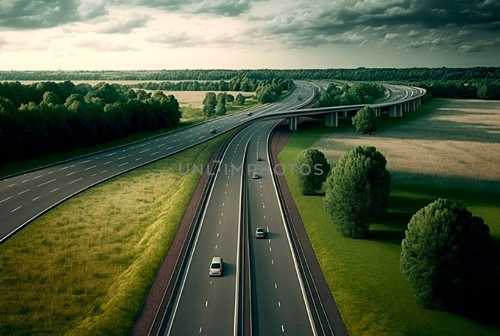 cars drive along the road on the autobahn highway. Generative AI,