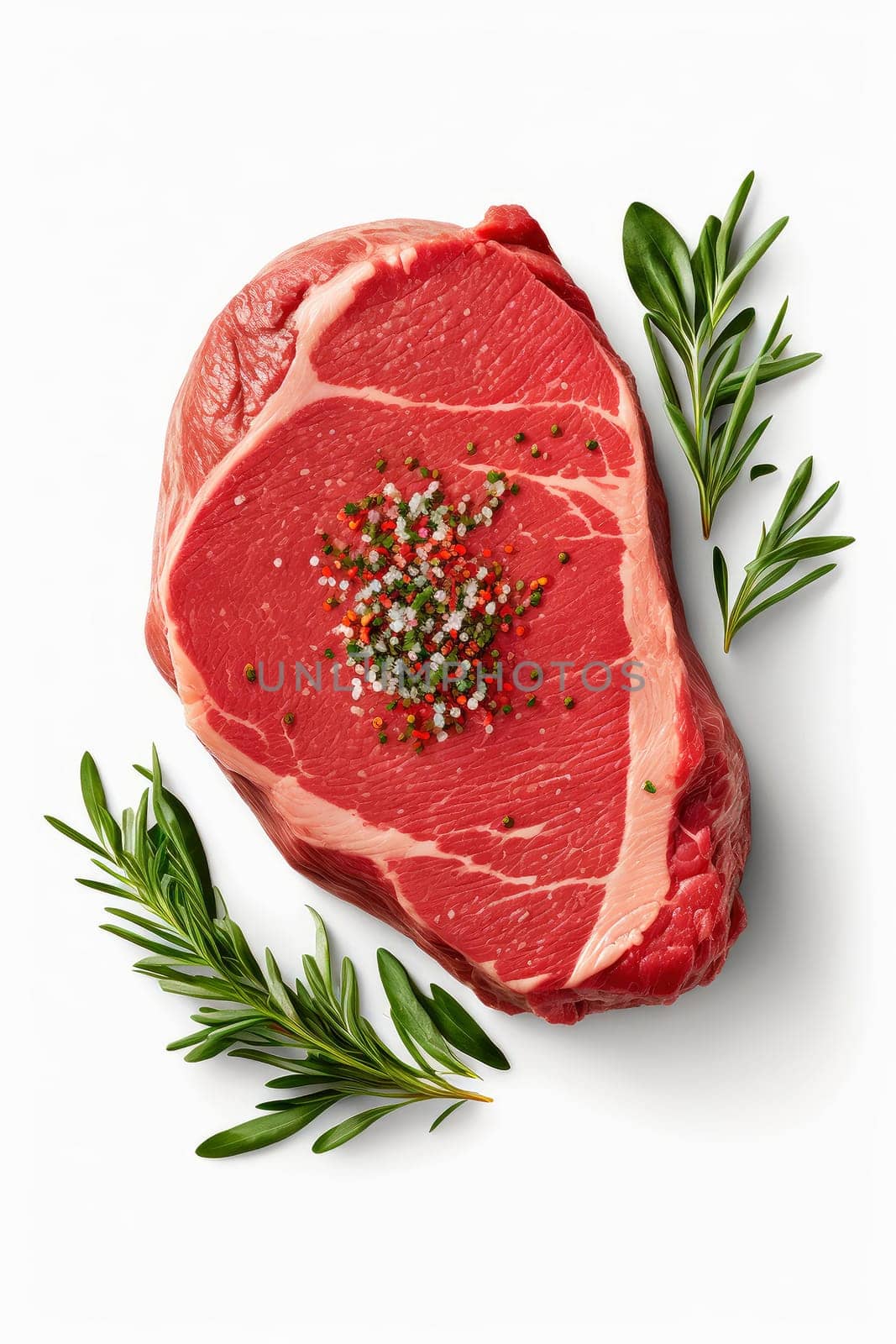 fresh raw beef steak, top view, isolated on white. by yanadjana