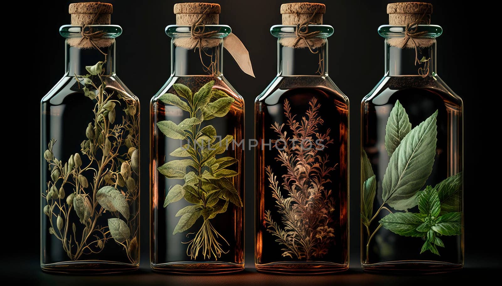 Herb oil bottles homeopathy herbs. Generative AI,