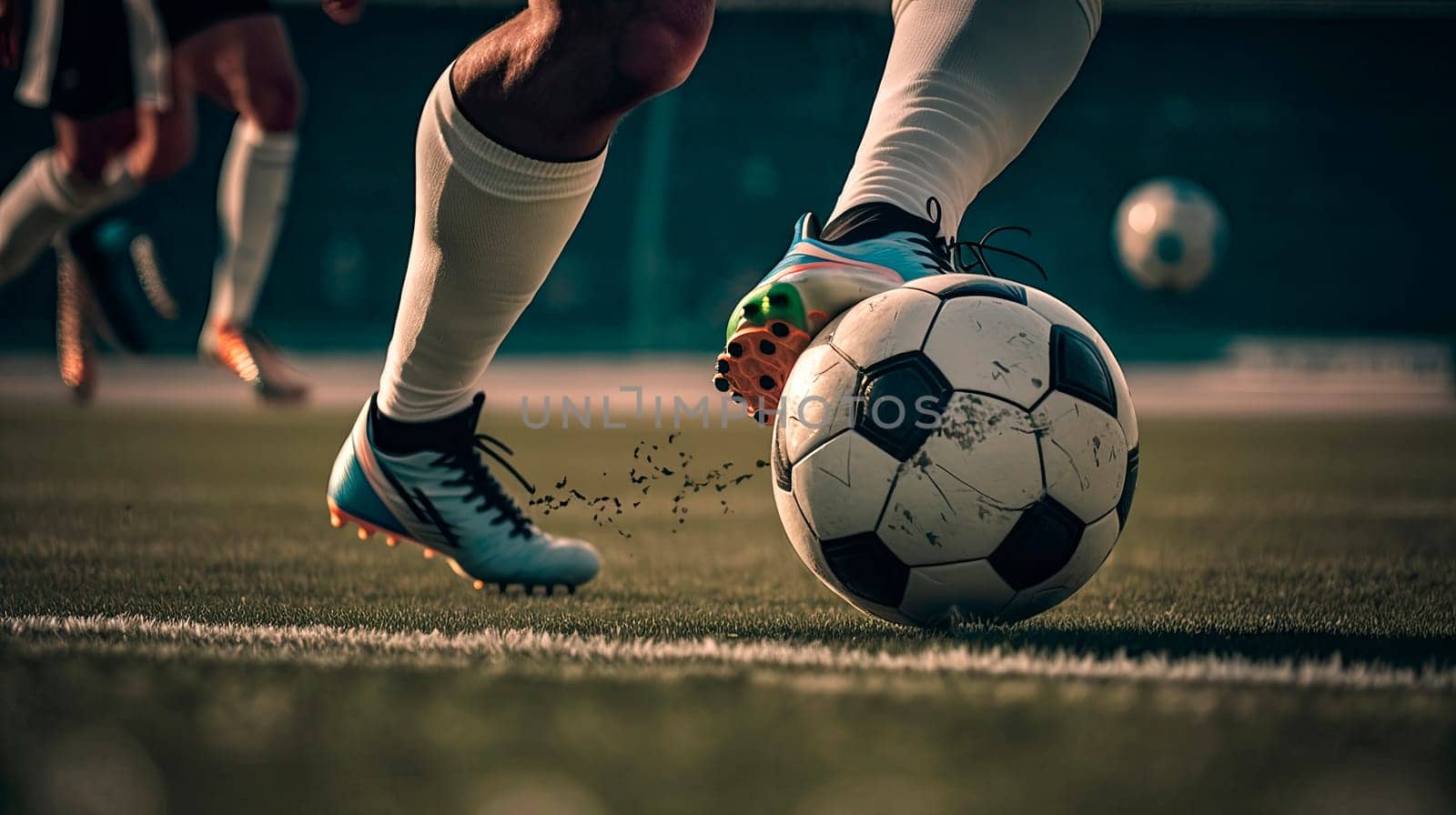feet of a soccer player with a soccer ball. Generative AI,