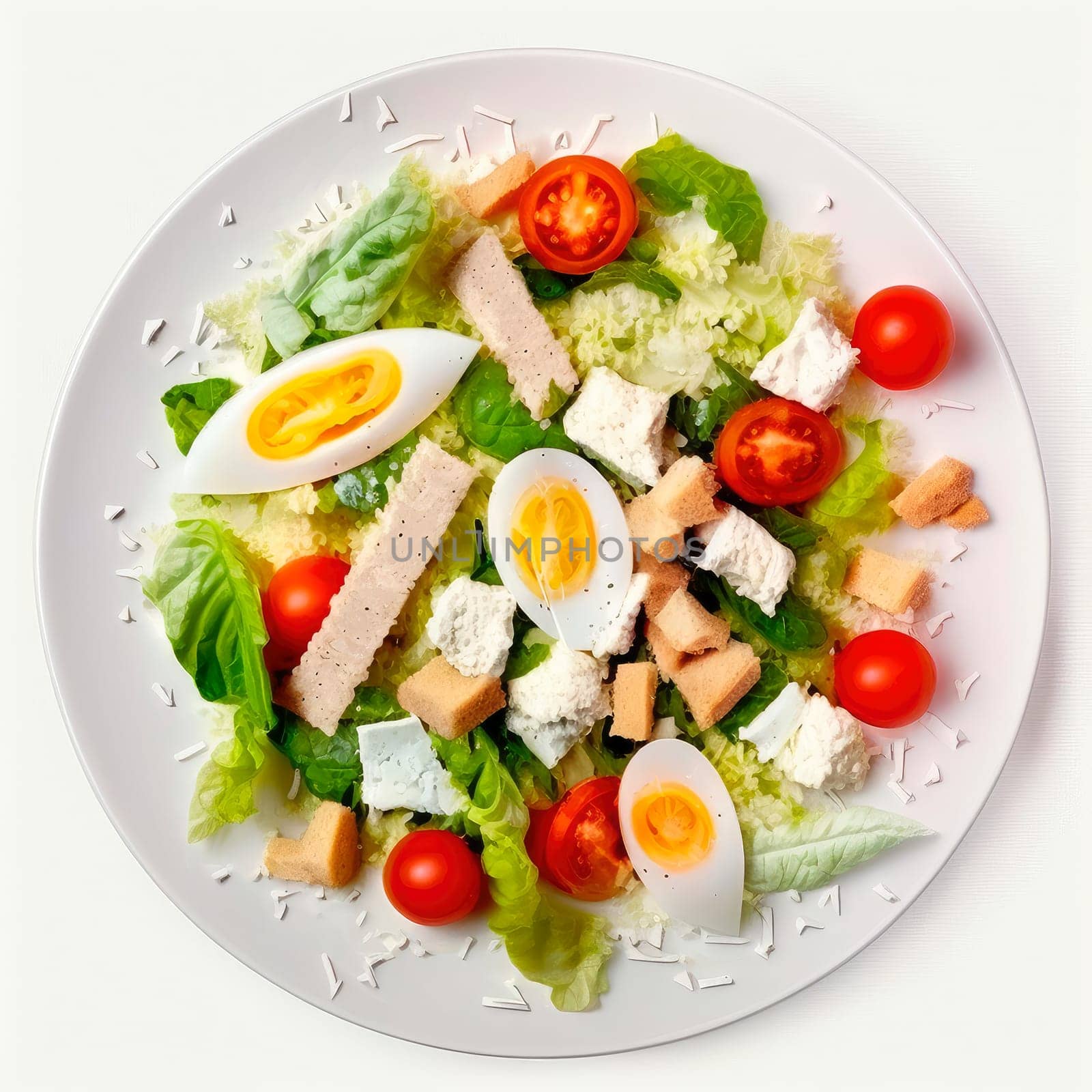 Caesar salad with shrimp on a plate isolate on a white background. by yanadjana