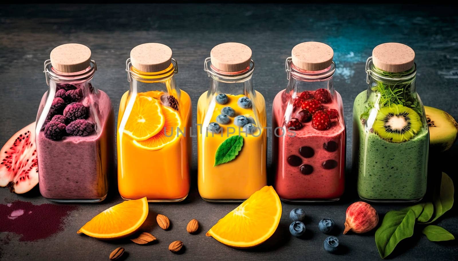 Fruit smoothies in bottles with various ingredients, top view. Generative AI,