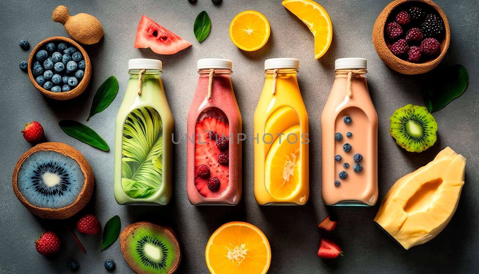Fruit smoothies in bottles with various ingredients, top view. by yanadjana