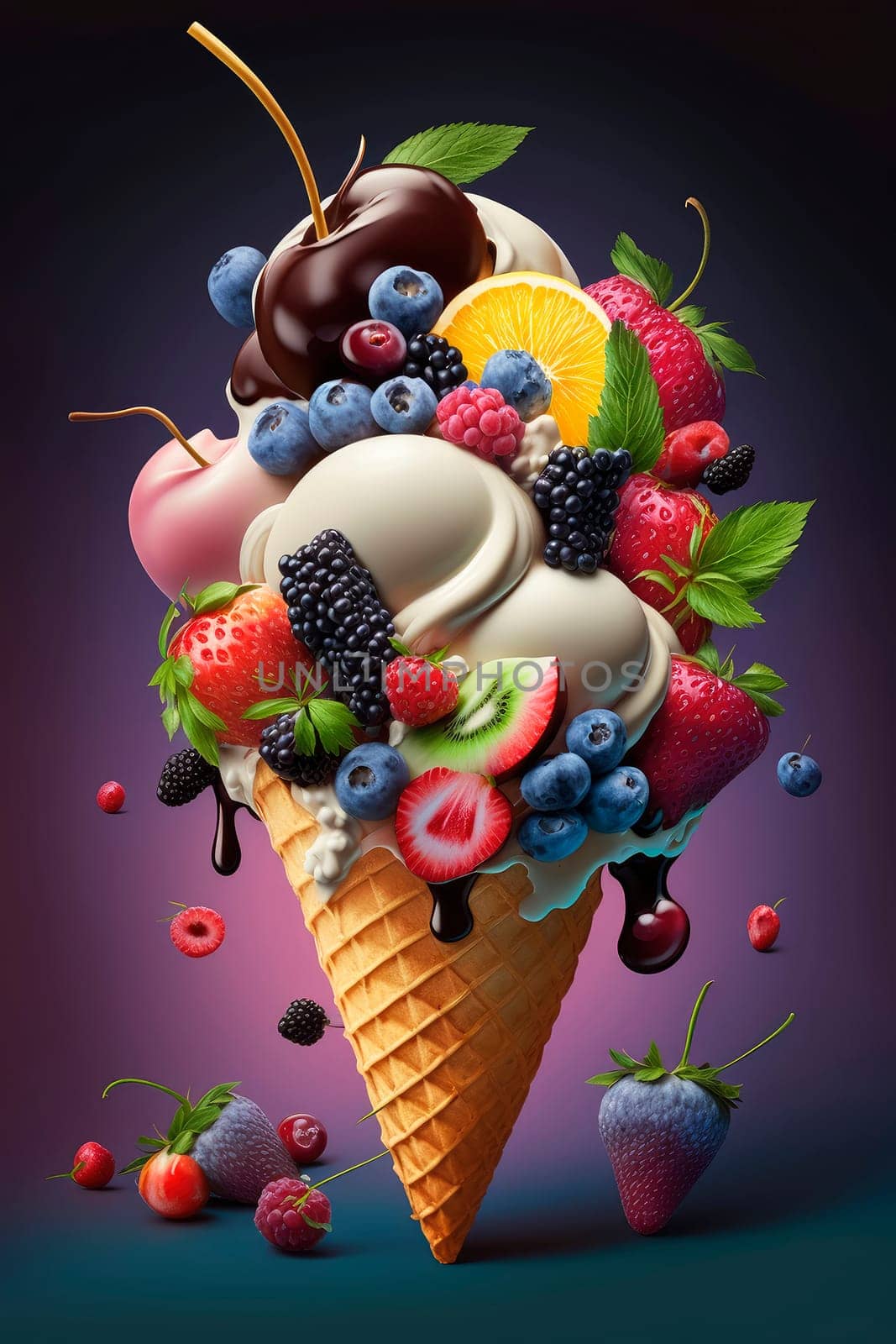 Ice cream cone with berries and fruits. Generative AI,