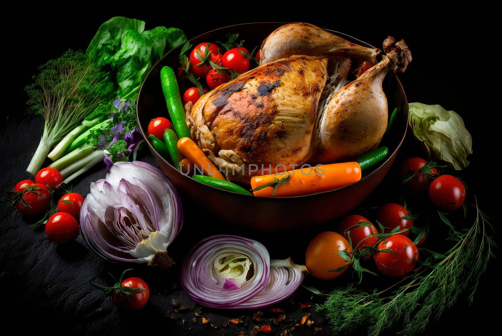 Whole chicken baked with vegetables against black background. Generative AI,