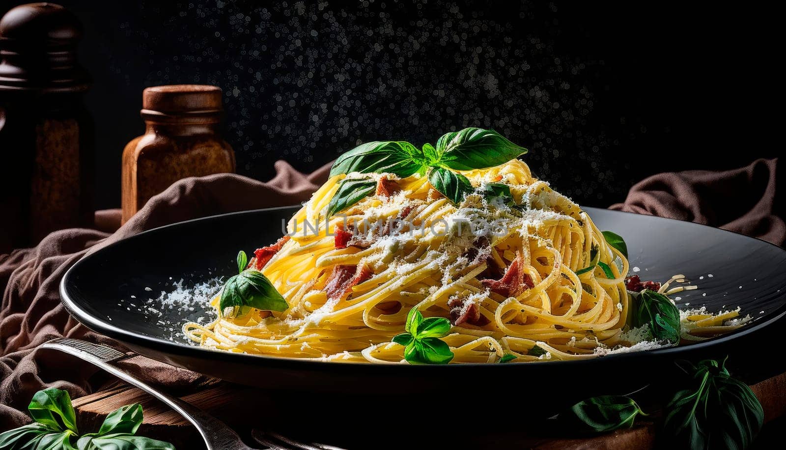 Pasta spaghetti carbonara on a plate on a black background. by yanadjana