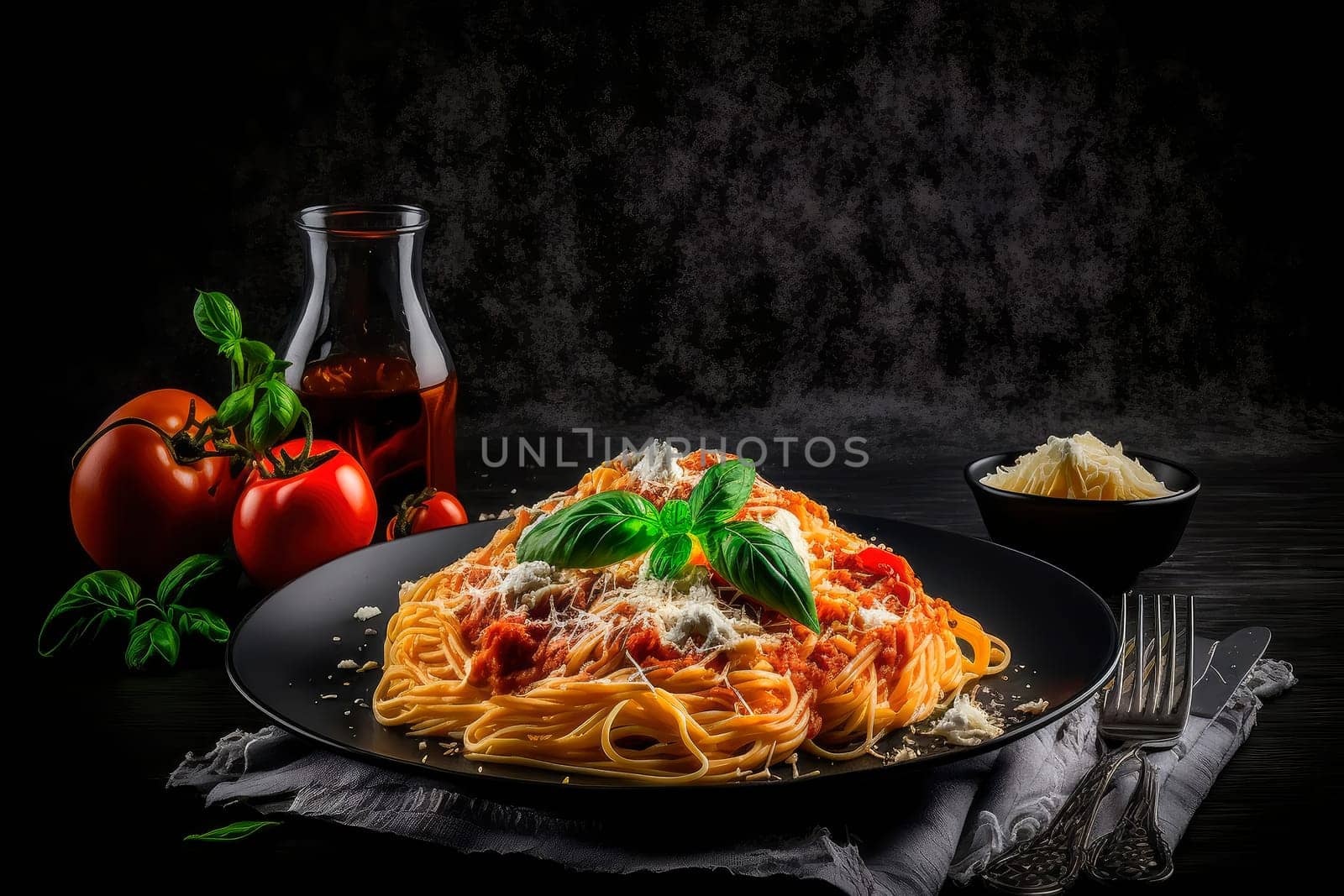 Spaghetti classic Italian pasta with tomatoes and cheese. Generative AI,