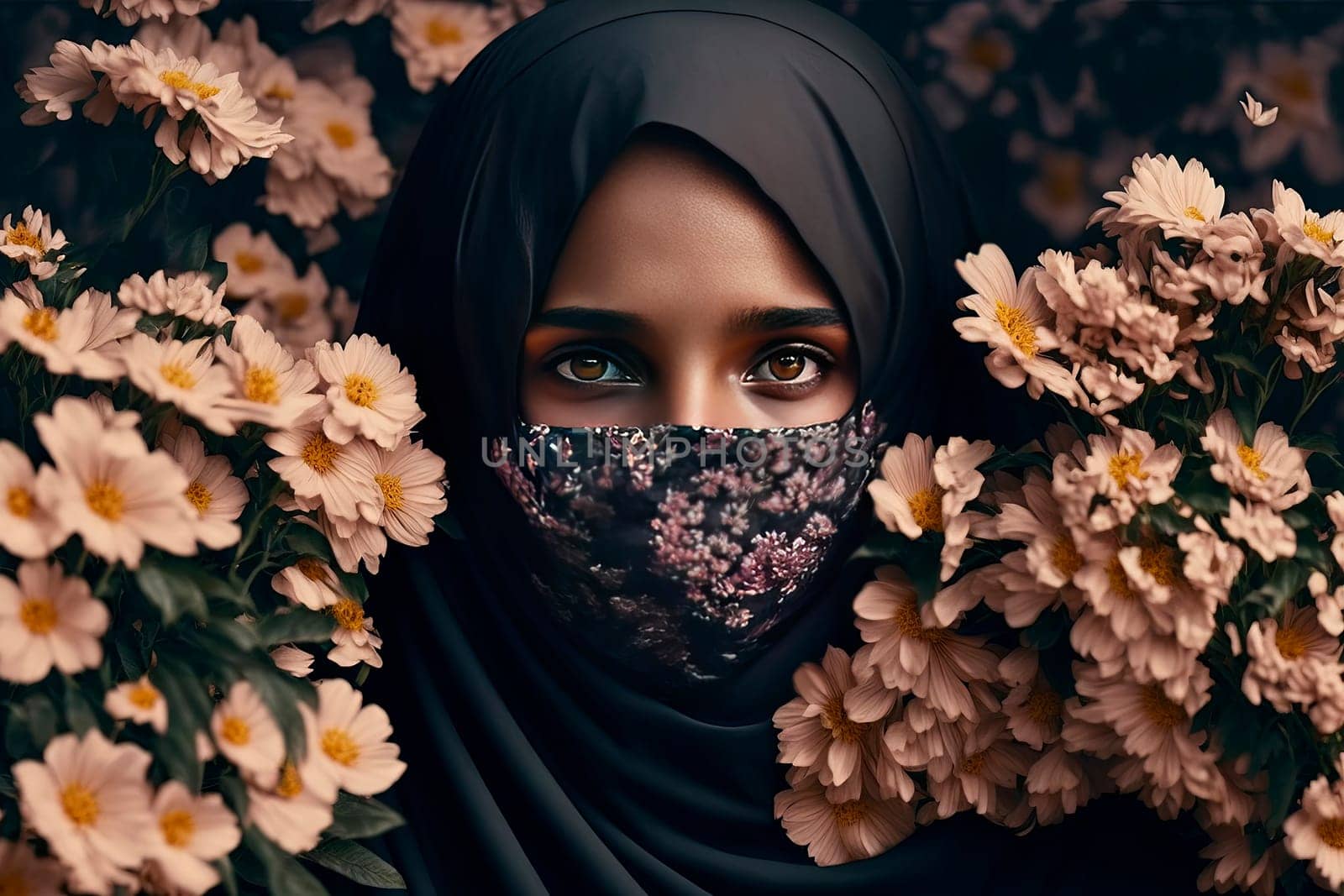 Eyes of Muslim beautiful oriental woman with flowers. Generative AI,