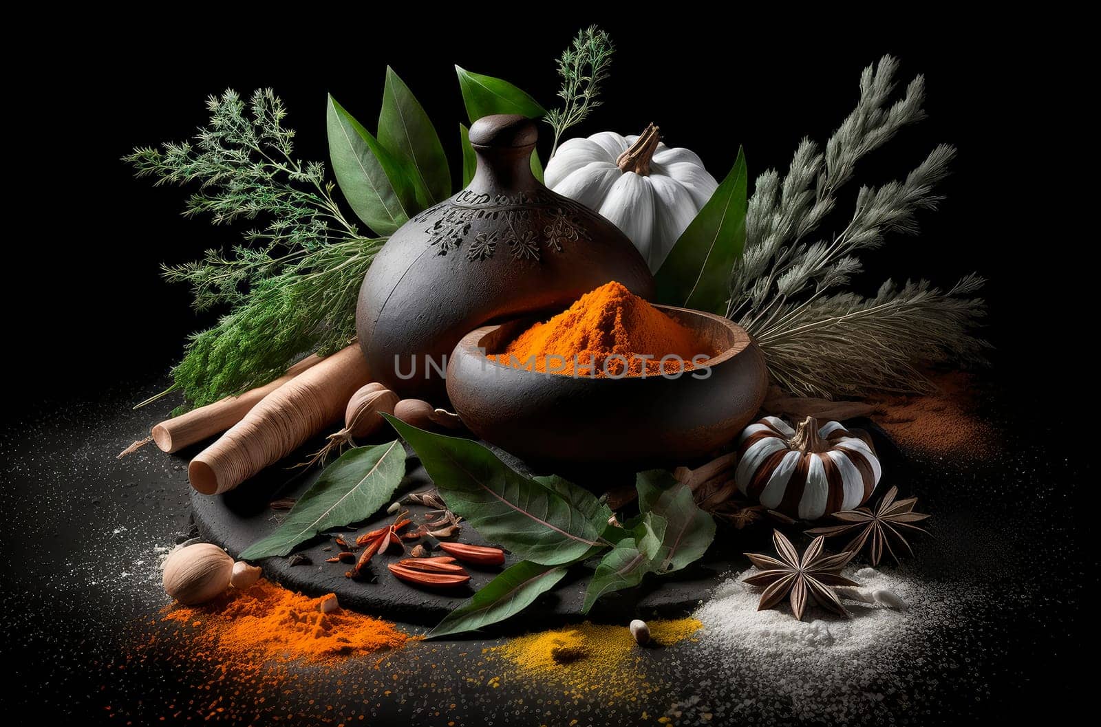 spices different studio photo of products, dark black background. Generative AI,