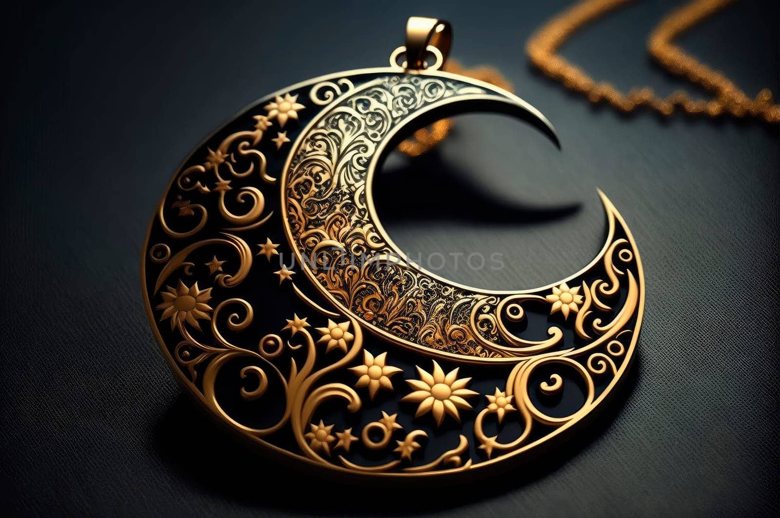 Beautiful Muslim decoration in the shape of the moon. AI generator,