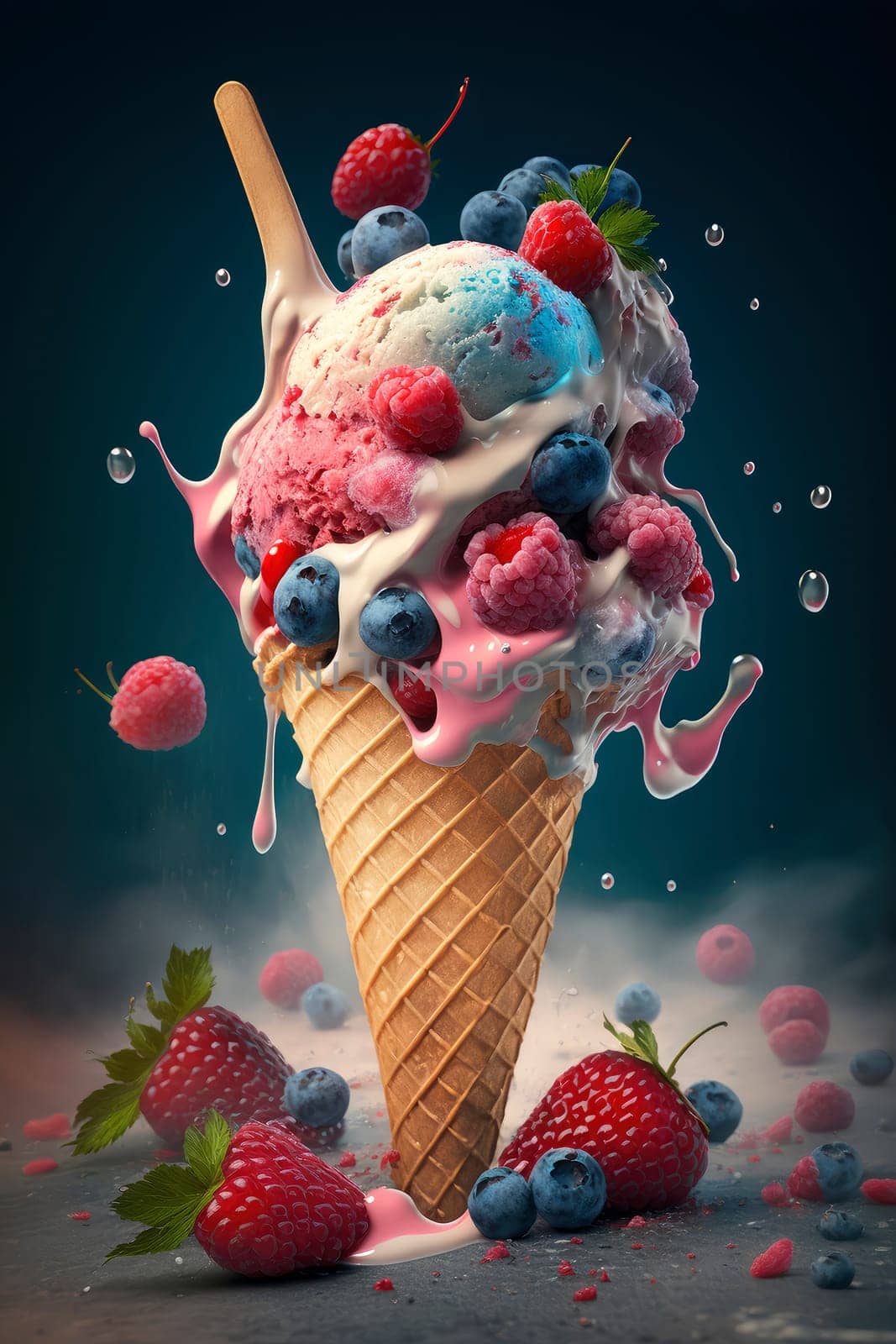 Ice cream cone with berries and fruits. by yanadjana