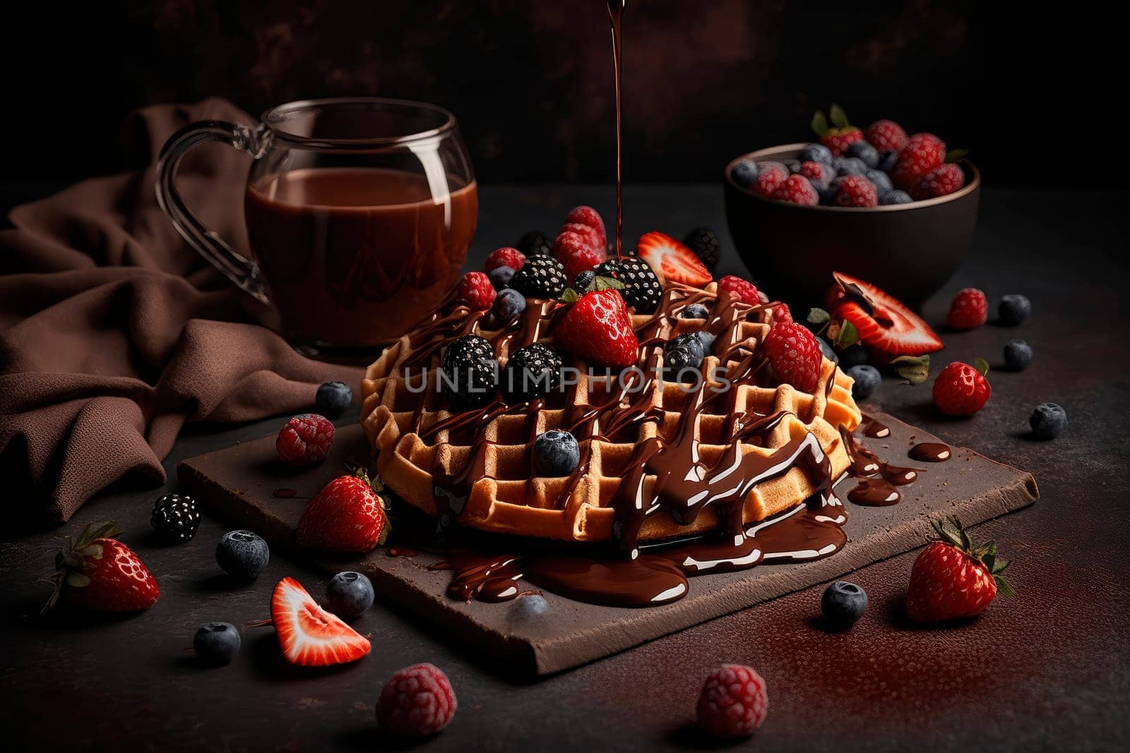 belgian waffles and coffee delicious breakfast, products studio photo, dark black background. by yanadjana