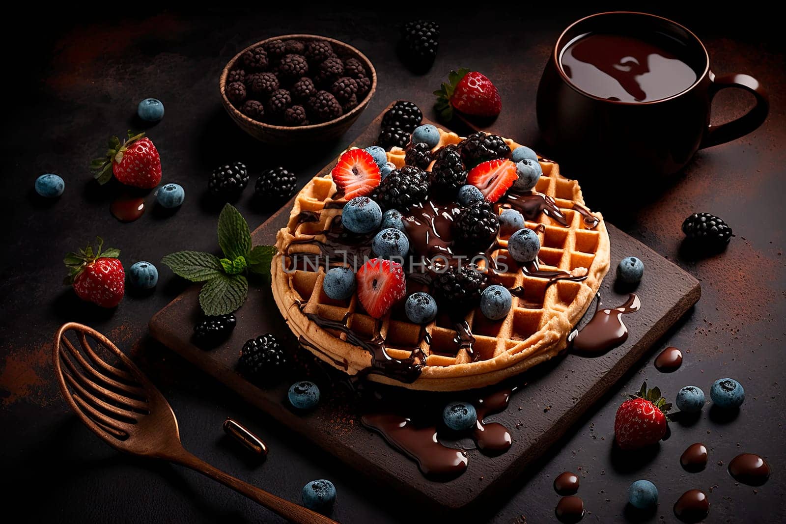 belgian waffles and coffee delicious breakfast, products studio photo, dark black background. by yanadjana