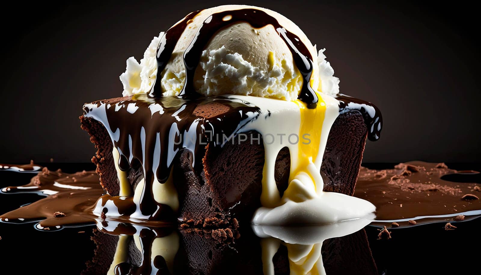 Appetizing chocolate brownie close-up with vanilla ice cream, poured with dark chocolate on a black background. Generative AI,