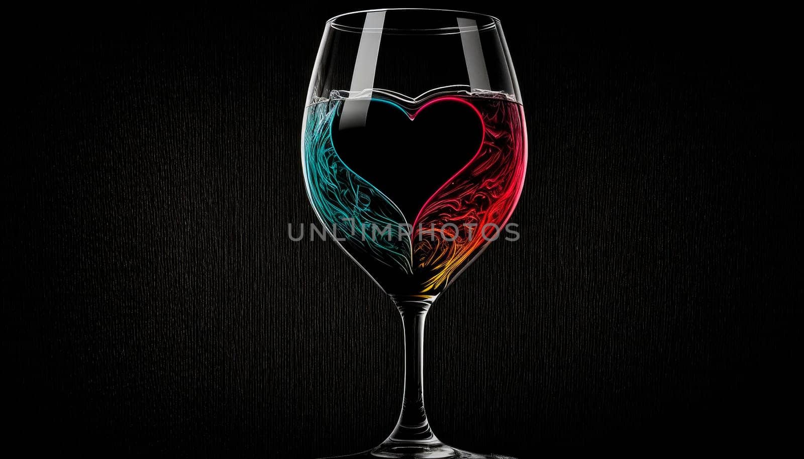 wine glass with a heart on the side with a black background. Generative AI,