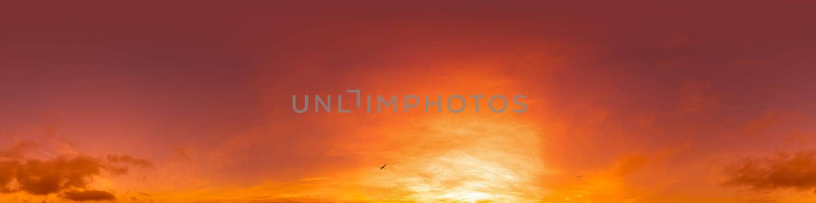 360 panorama of glowing sunset sky with bright pink Cirrus clouds. HDR 360 seamless spherical panorama. Full zenith or sky dome sky replacement for aerial drone panoramas. Climate and weather change. by Matiunina