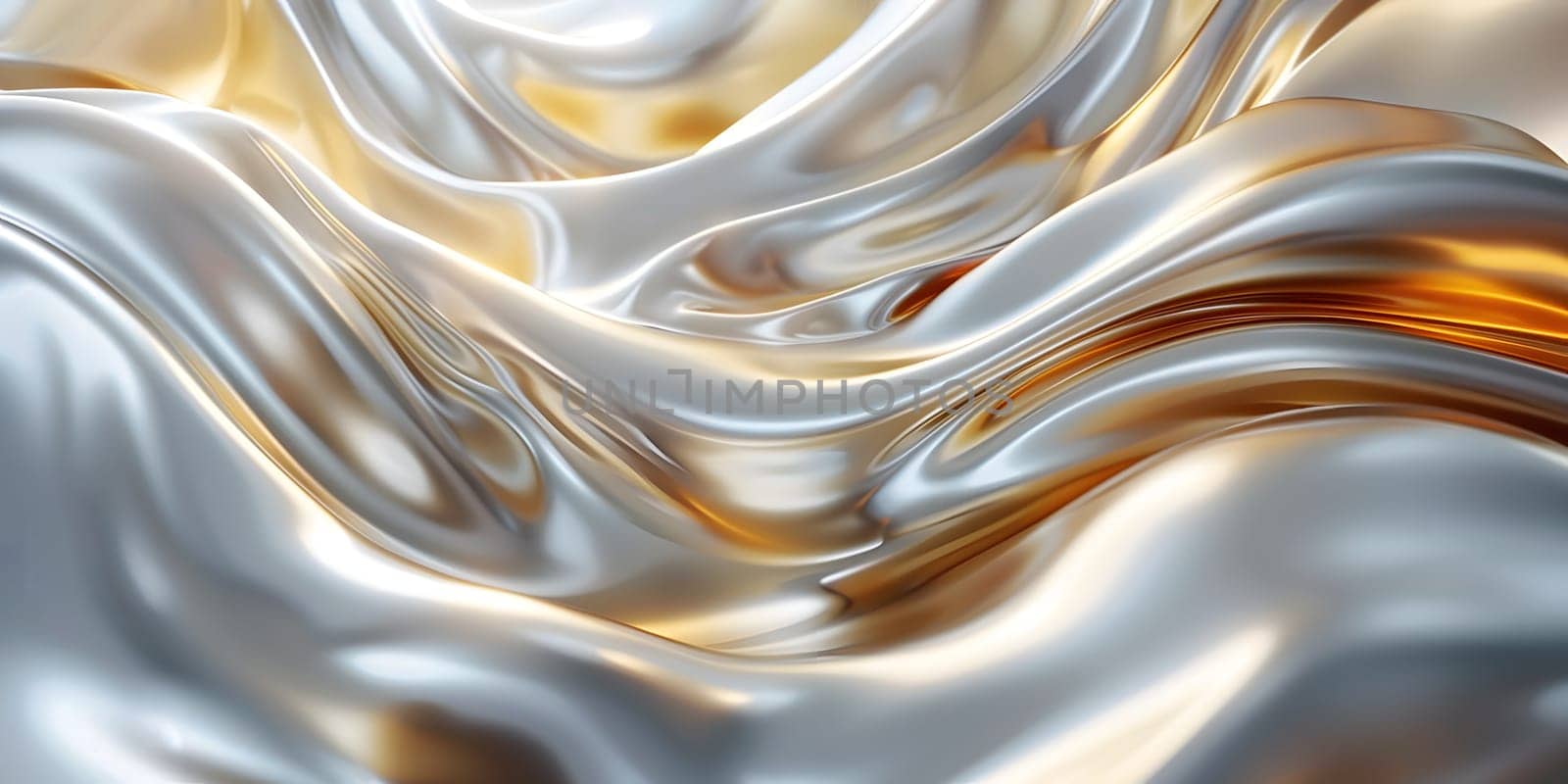 Macro photography of liquid gold satin fabric with intricate white pattern by Nadtochiy