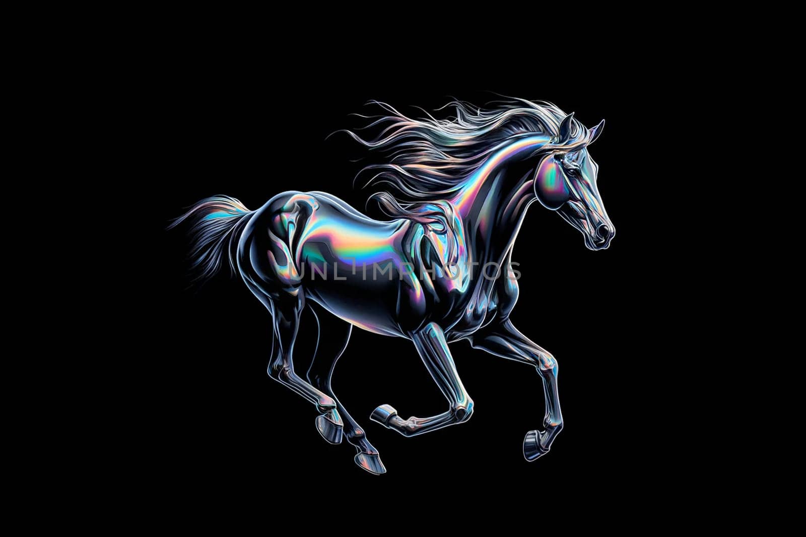 holographic image of a galloping horse on a black background. The horse is captured in mid-gallop by Annado
